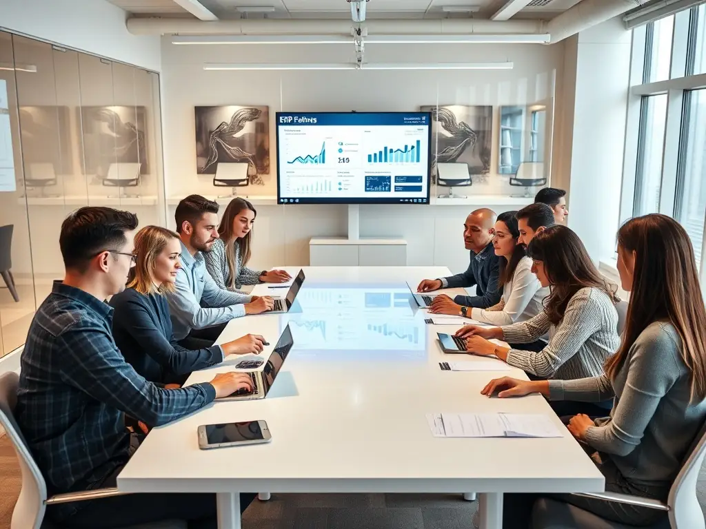 A team of professionals collaborating on ERP solutions in a modern office.