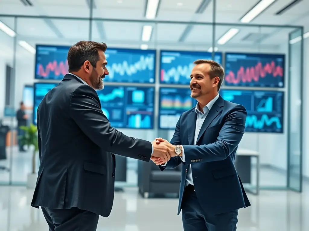 Business partners shaking hands in a modern office setting.
