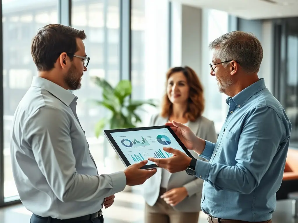 A consultant discussing digital transformation strategies with a client in a modern office.
