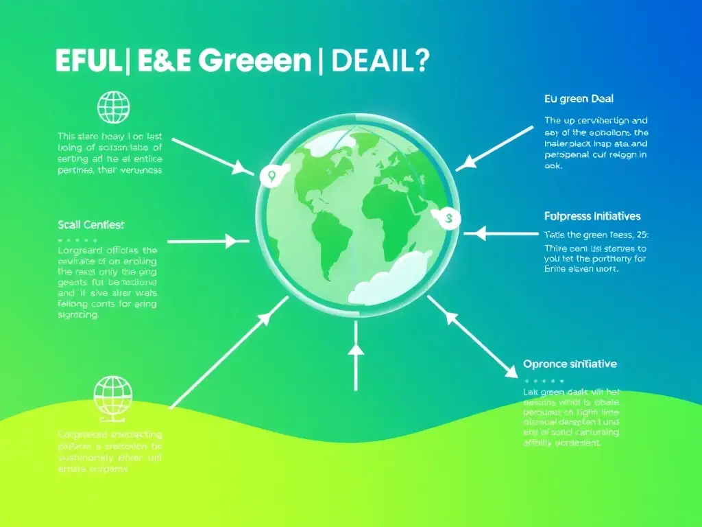 An infographic illustrating the interconnectedness of the EU Green Deal, CSRD, and a company's sustainability initiatives. The graphic should use green and blue tones to represent environmental and corporate responsibility.