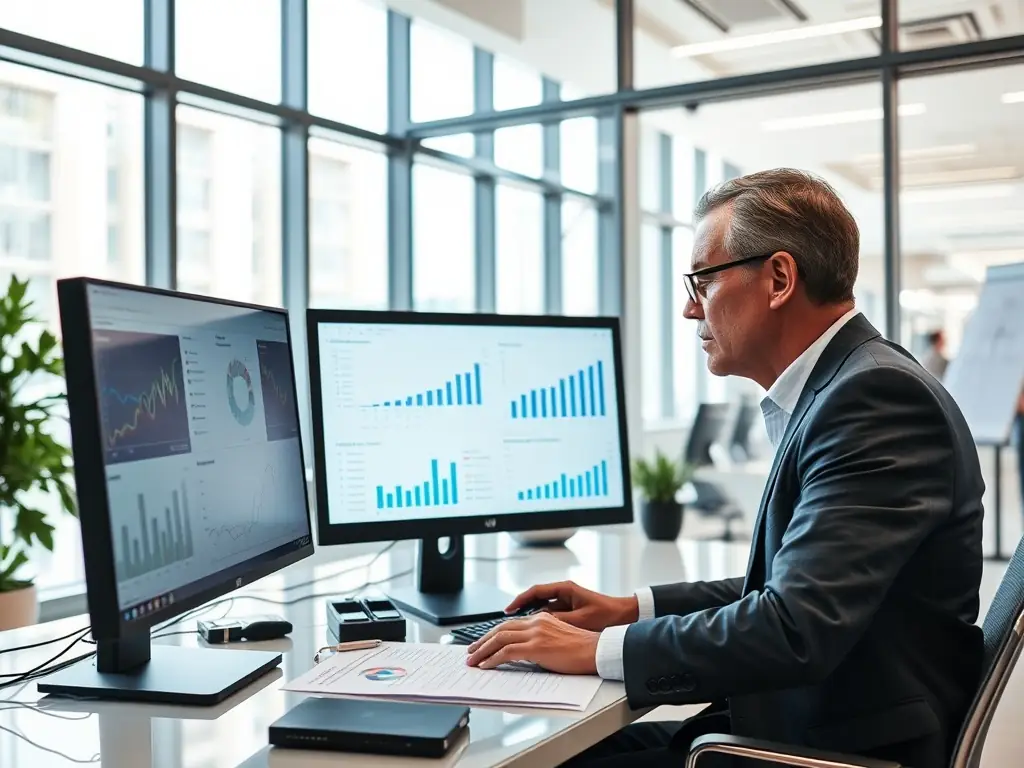 A professional photograph of a certified auditor reviewing a sustainability report on a tablet, symbolizing adherence to ISO 14064-1:2018 standards. The setting should be a modern office environment.