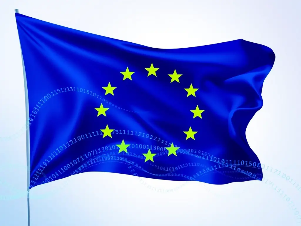 A digital illustration depicting the EU flag overlaid with a carbon footprint symbol, representing compliance with EU CBAM regulations. The image should convey a sense of technological advancement and environmental responsibility.
