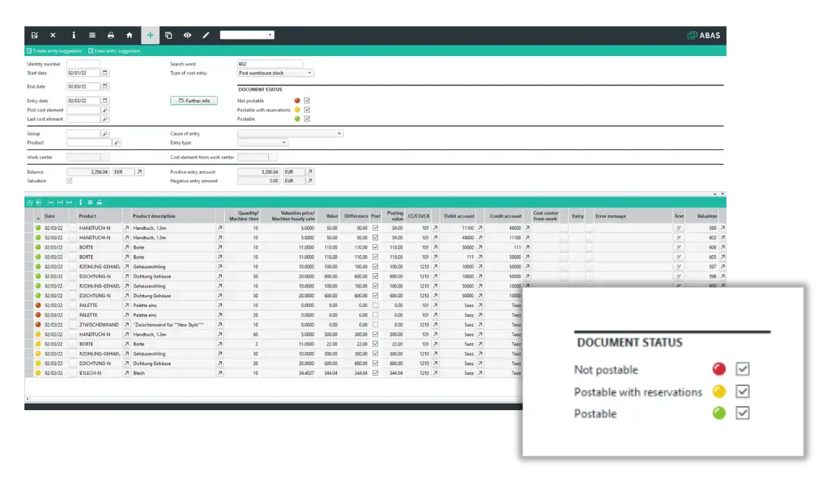 Abas ERP Financial Accounting Material costs posting